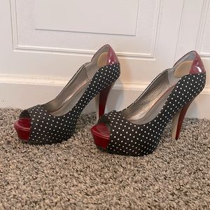 Sexy Madden girl peep toe heels, polka dot satin and red patent leather.